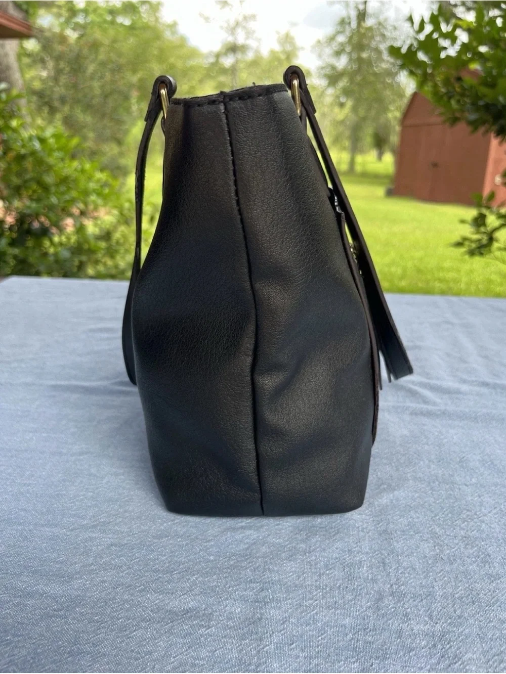 Liz Claiborne “Jessica” Black Leather Shoulder Tote with Gold Hardware